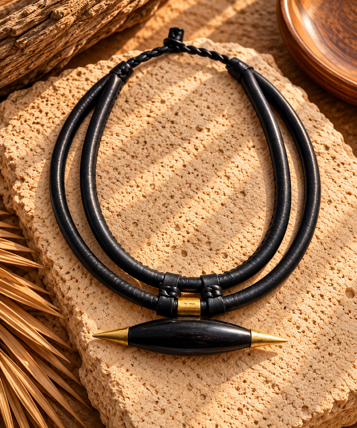 Collar cuero doble, hueso y bronce