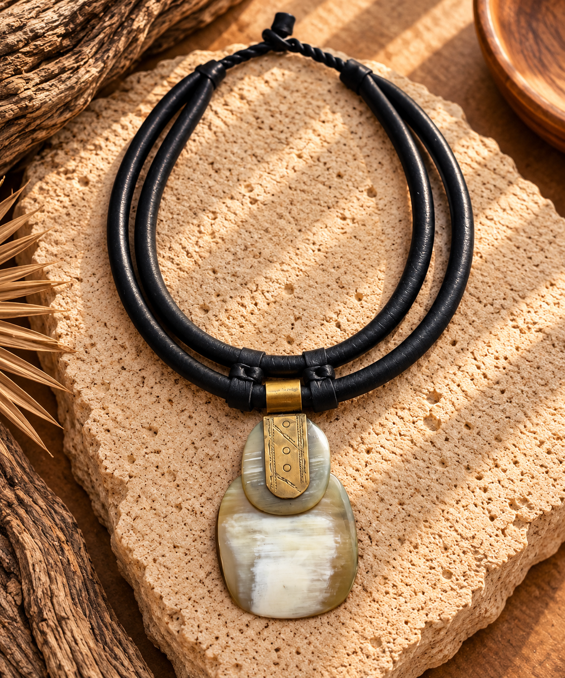 Collar cuero doble, hueso  y bronce