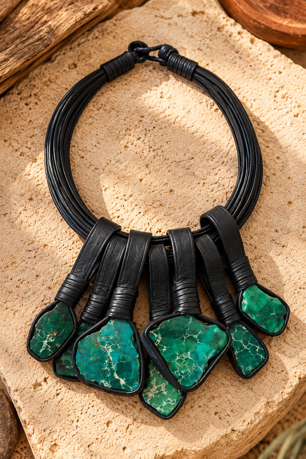 Collar Cuero y piedra verde