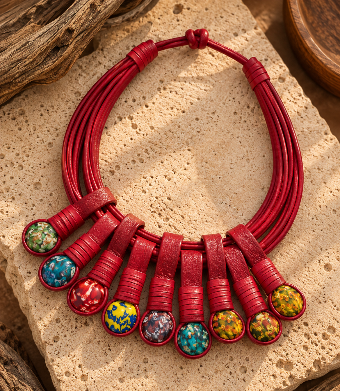 Collar artesanal de cuero y vidrio