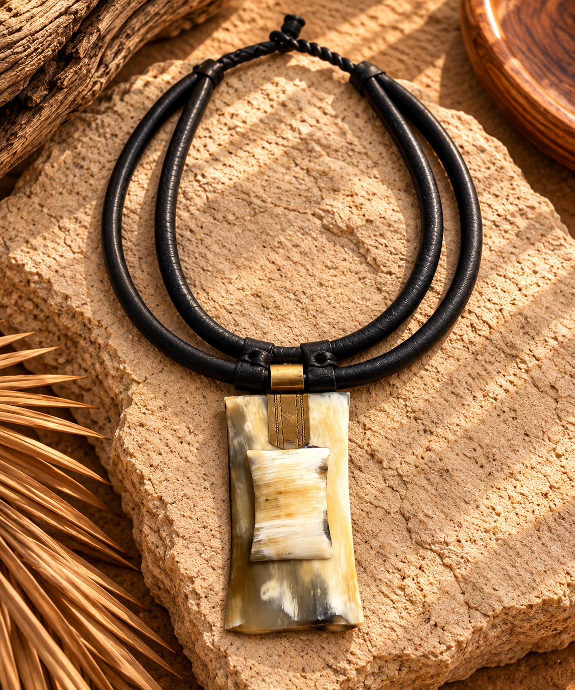 Collar cuero doble, hueso  y bronce
