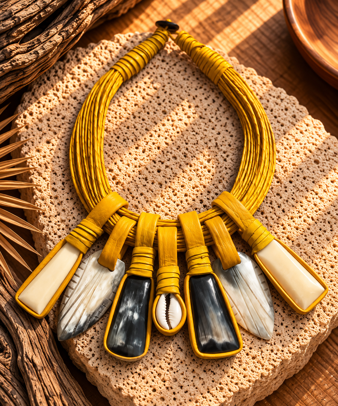 Collar Cuero, Hueso y Cauri