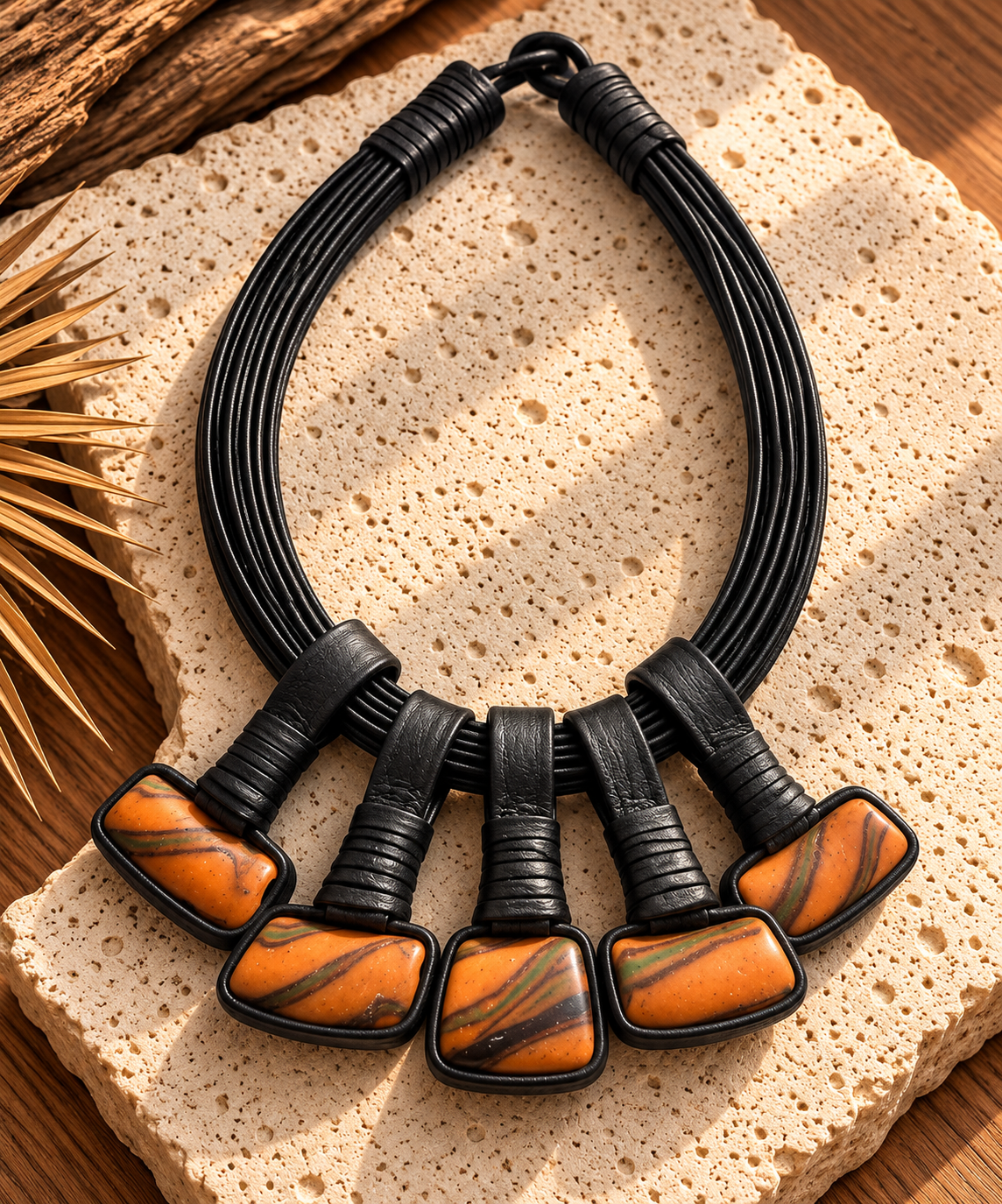 Collar Cuero y Vidrio rectangular