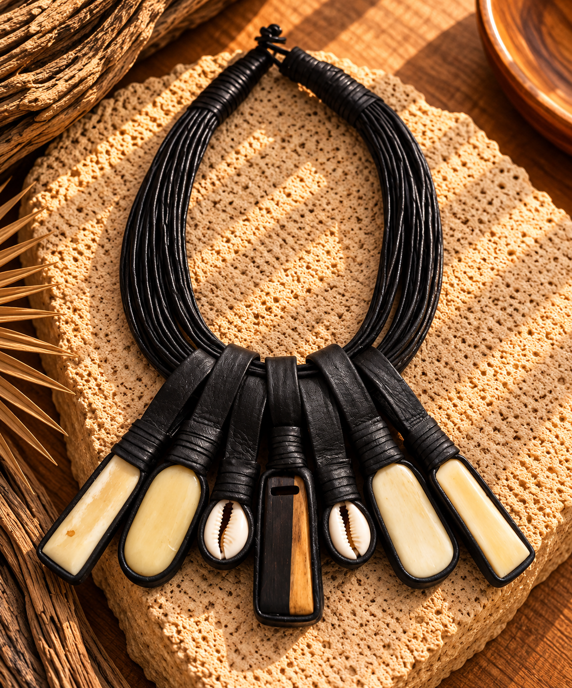 Collar Cuero, Hueso y Cauri