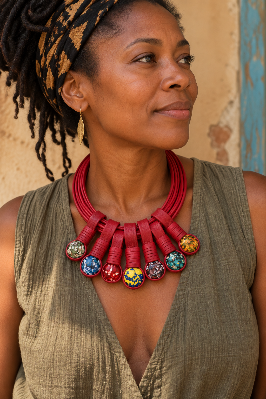 Collar artesanal de cuero y vidrio
