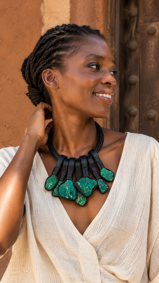 Collar Cuero y piedra verde