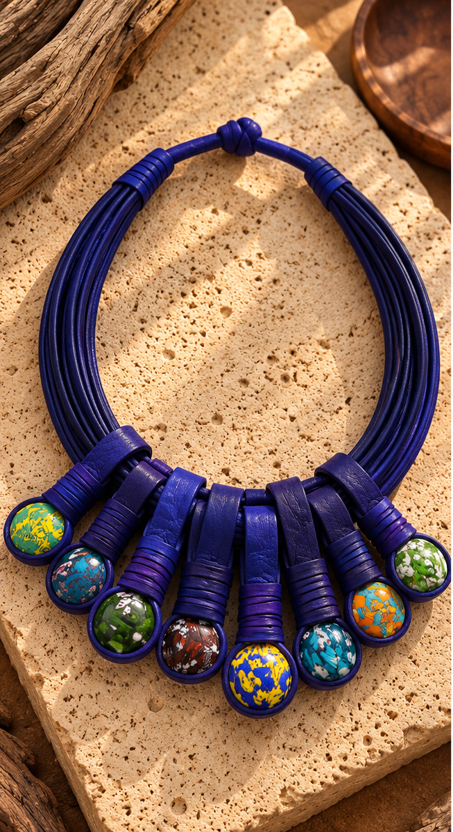 Collar artesanal de cuero y vidrio