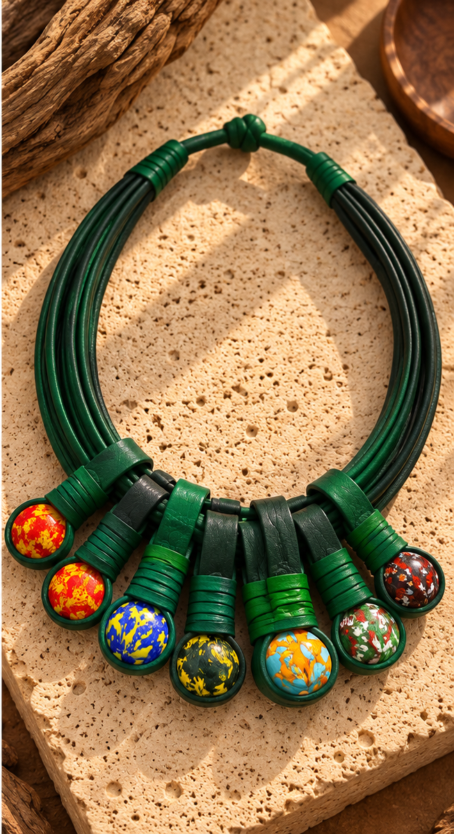 Collar artesanal de cuero y vidrio